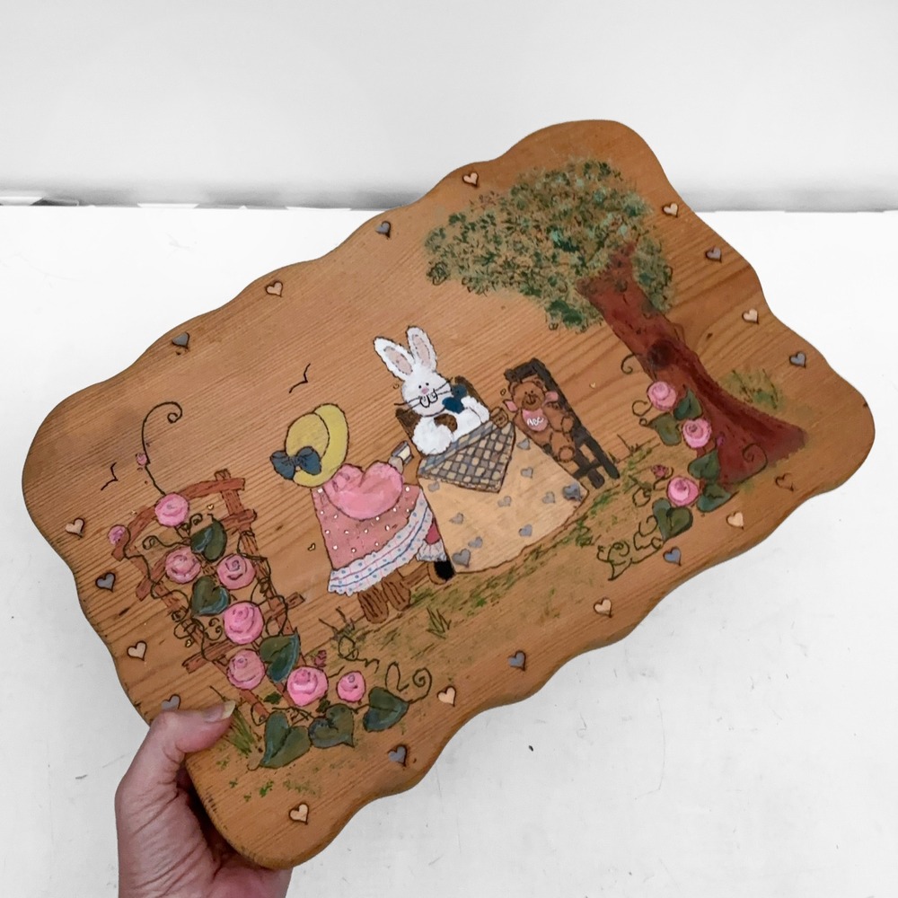 VTG 80s Hand Painted Wood Plaque Garden Tea Party Bunny Easter Scalloped Edge